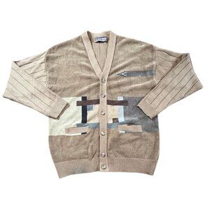 90's Vintage Retro Mens Cardigan Sweater Geometric Pattern Beige Grandpa Core XL